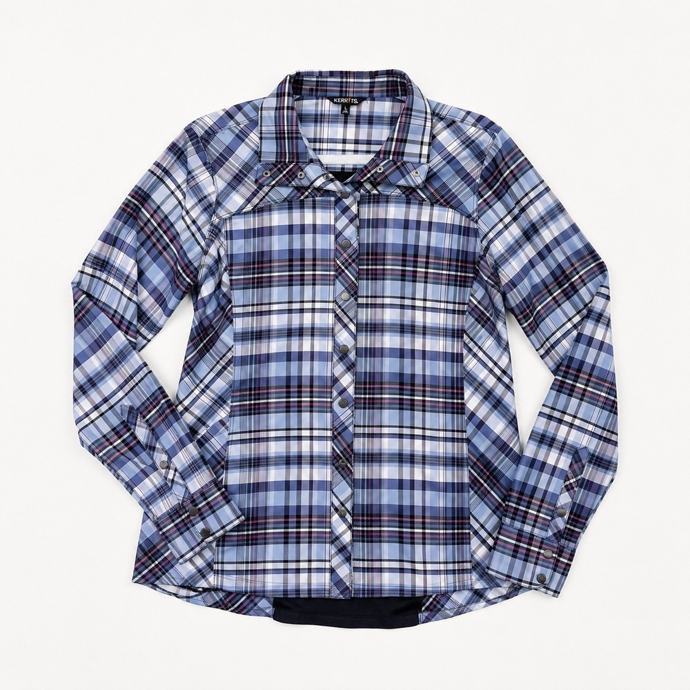 Kerrits Performance Sun Shirt Womens Large Blue Plaid Snap Front Mesh Back L